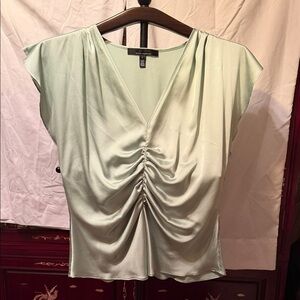 White House Black Market Light Sage Green Ruched V-Neck Blouse